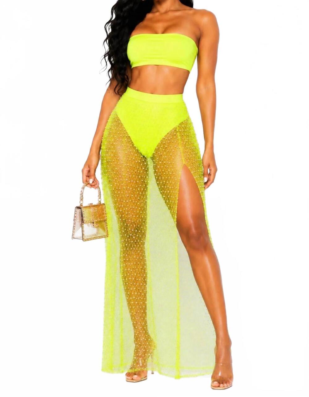 NEW HOT & DELICIOUS vacation vibes high waist mesh pearl maxi skirt in neon yell